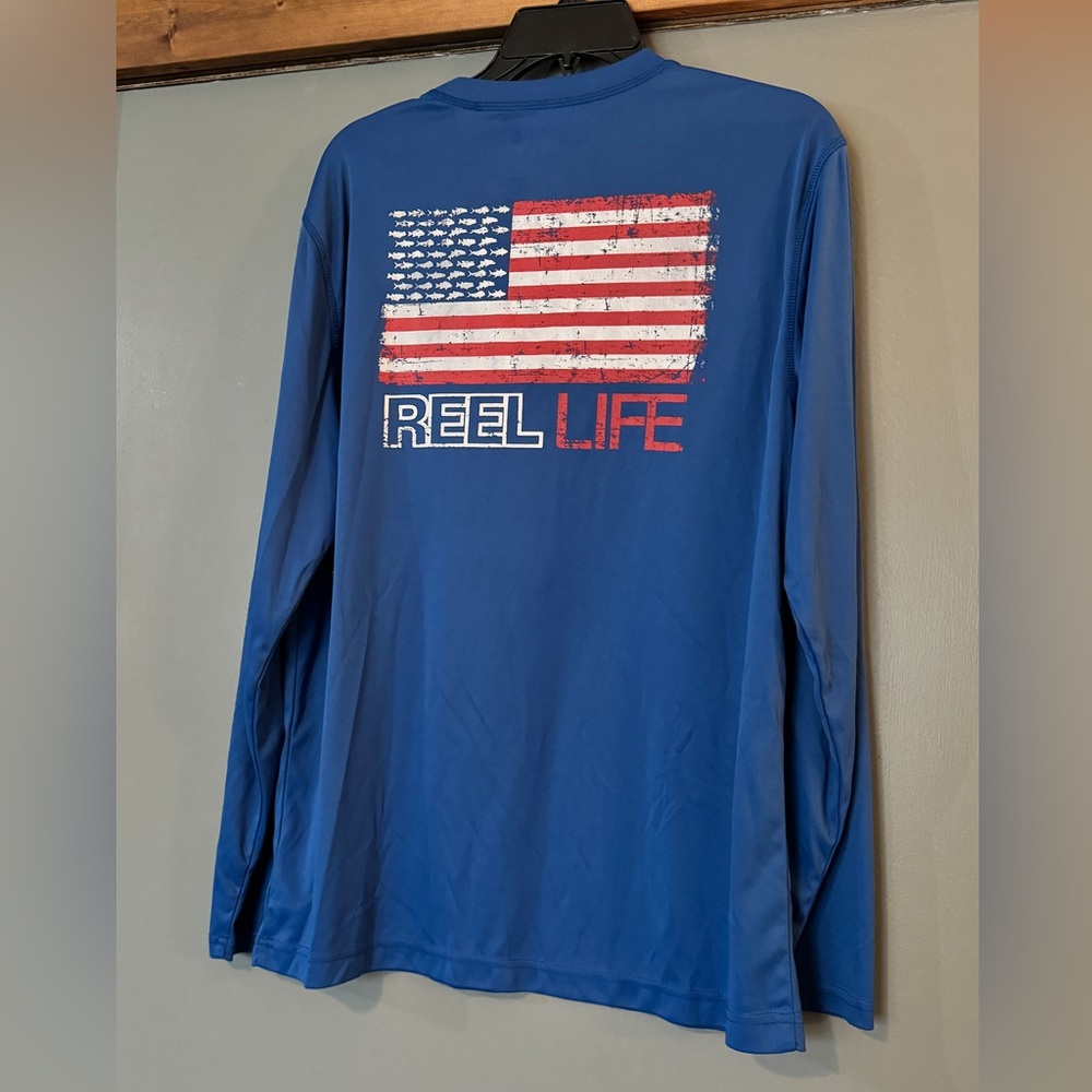 Reel Life Fishing T Shirt Mens L Large Blue USA Flag Sun Defender Long Sleeve